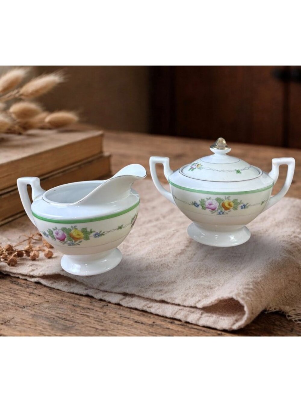 Cottage Kitchen Creamer and Sugar Set Green Floral Vintage Hand Painted Japan Te